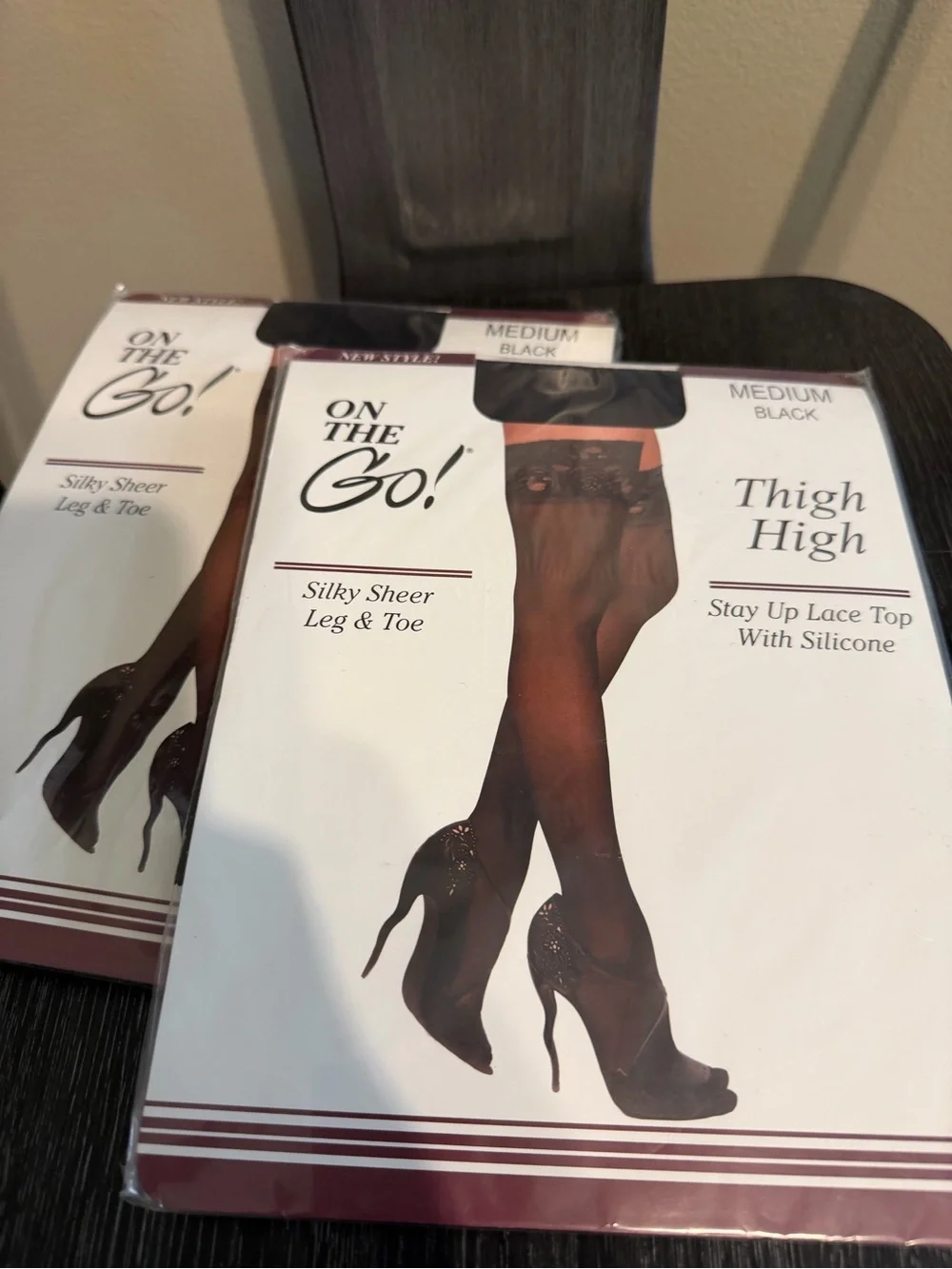2 Pack On The Go Silky Sheer Lace Top Thigh High Stockings Medium Black